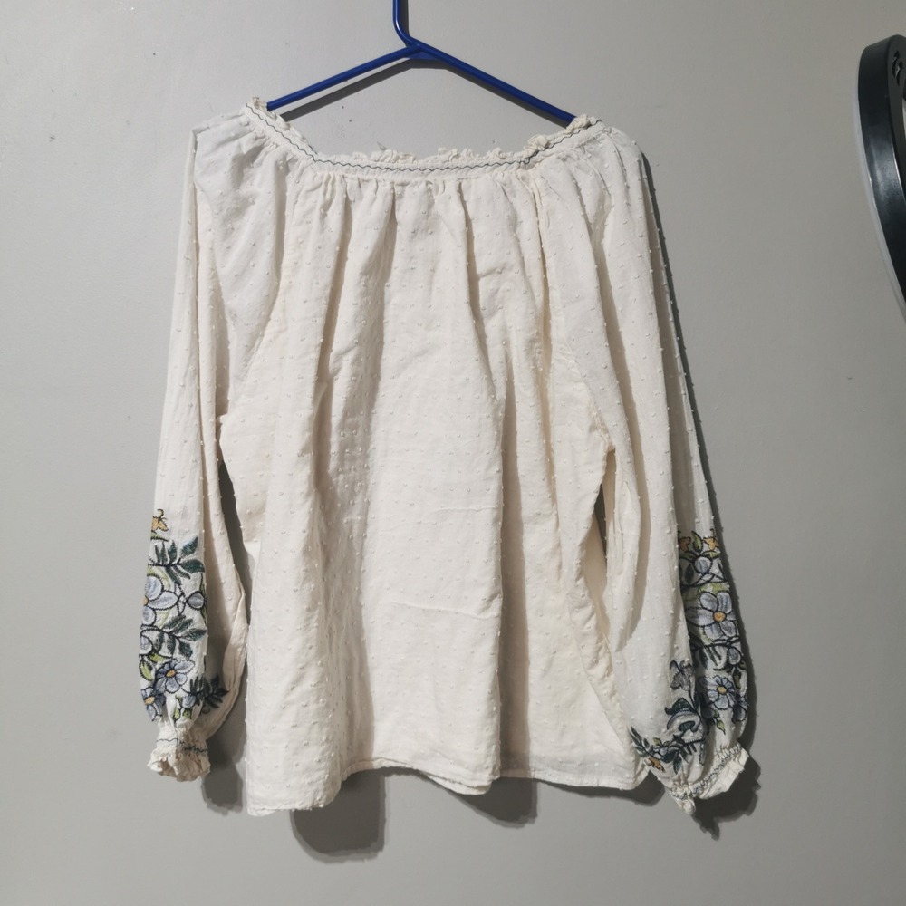 Forgotten Grace White Swiss Dot Embroidered Floral Peasant Blouse Large SB1148